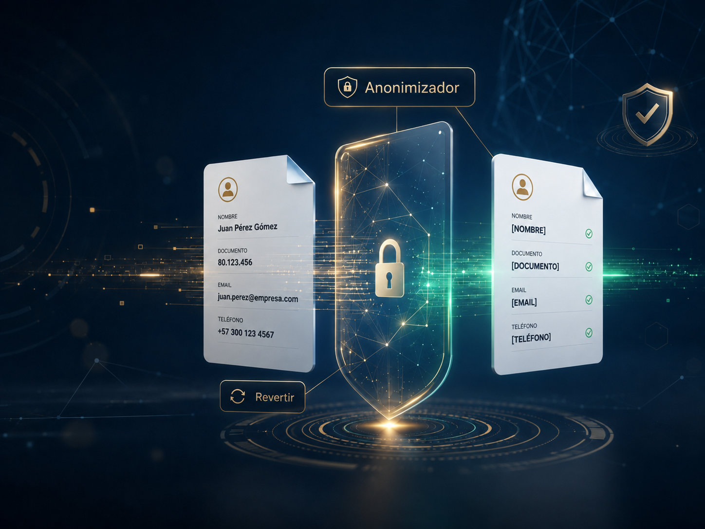 Explicación visual de cómo el Anonimizador de Datos Personales protege y revierte la información